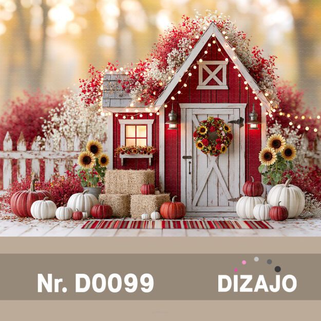 Tło fotograficzne jesienne stodoła z dyniami D0099